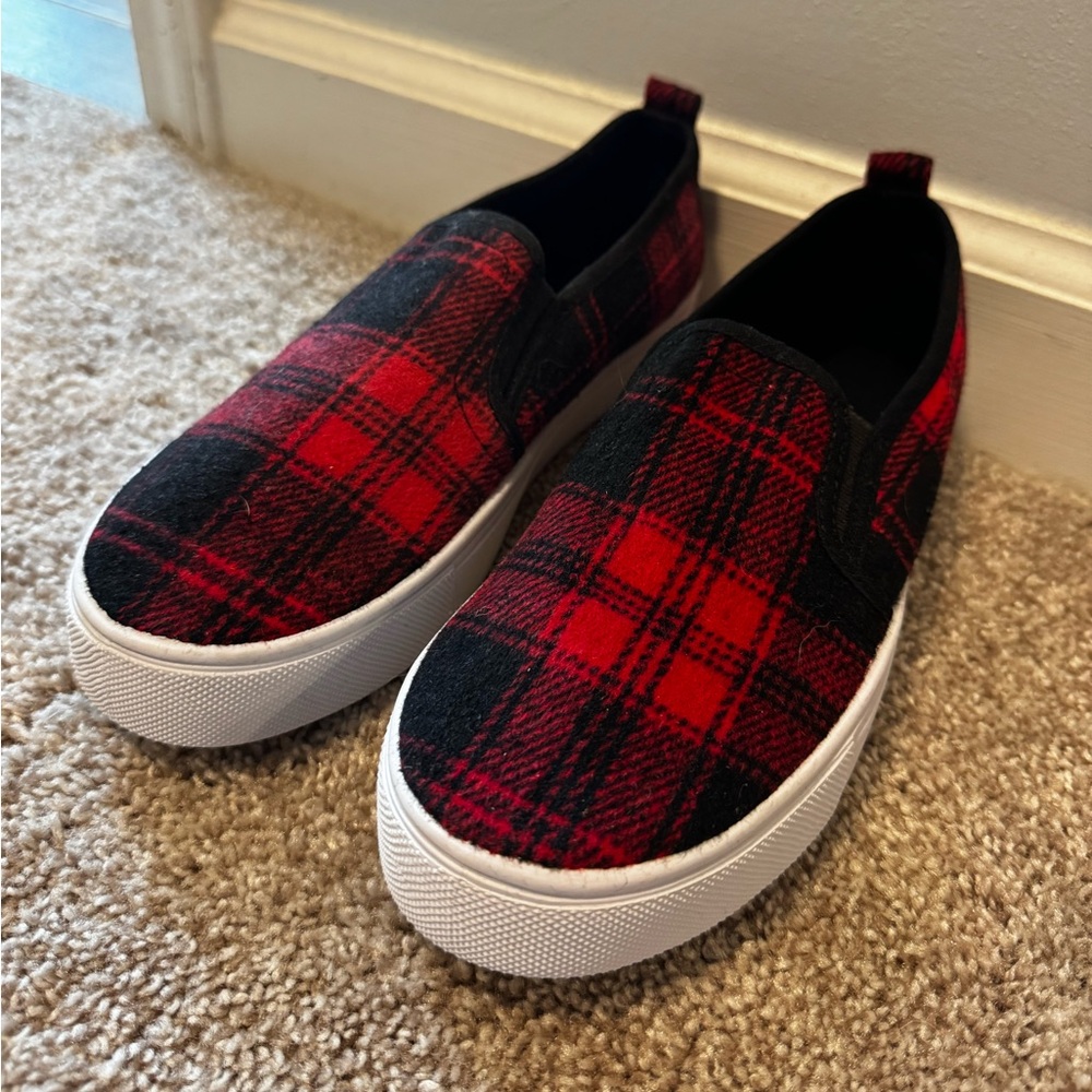 ASOS Red and Black Plaid Slip-On Sneakers